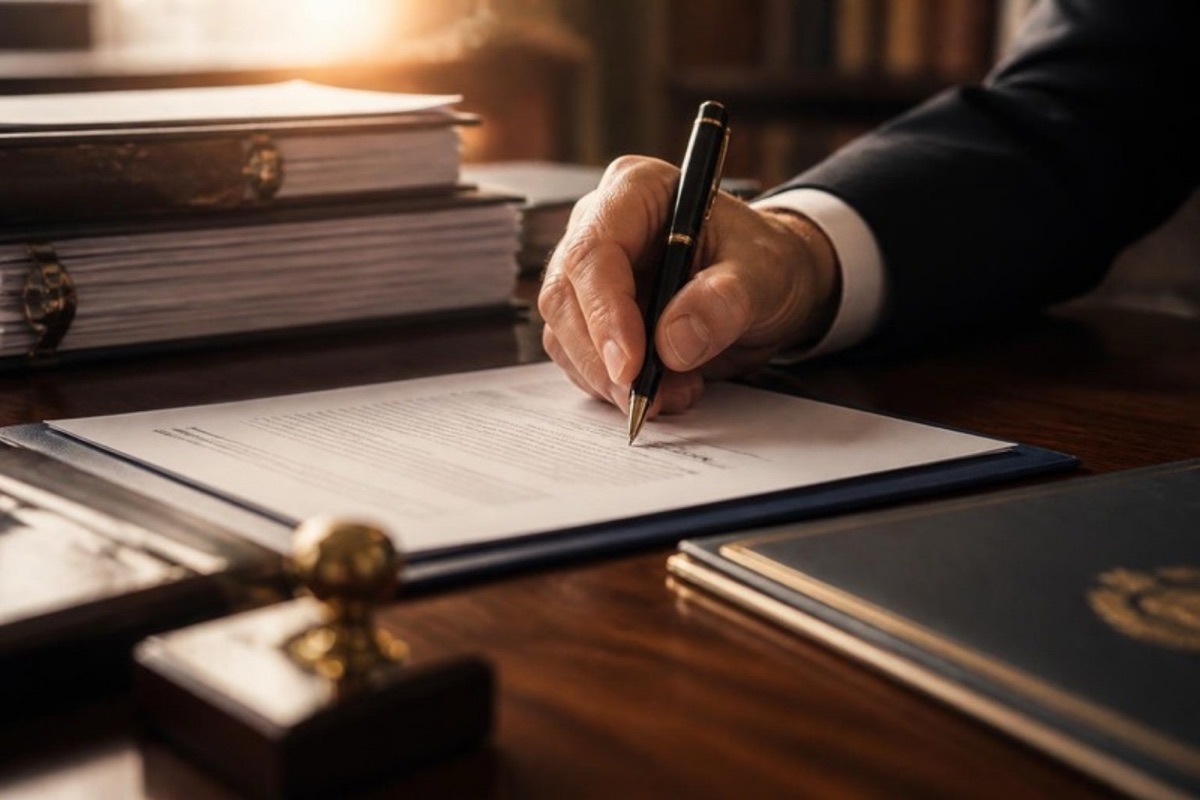 Mano firmando un contrato con pluma sobre un escritorio con expedientes